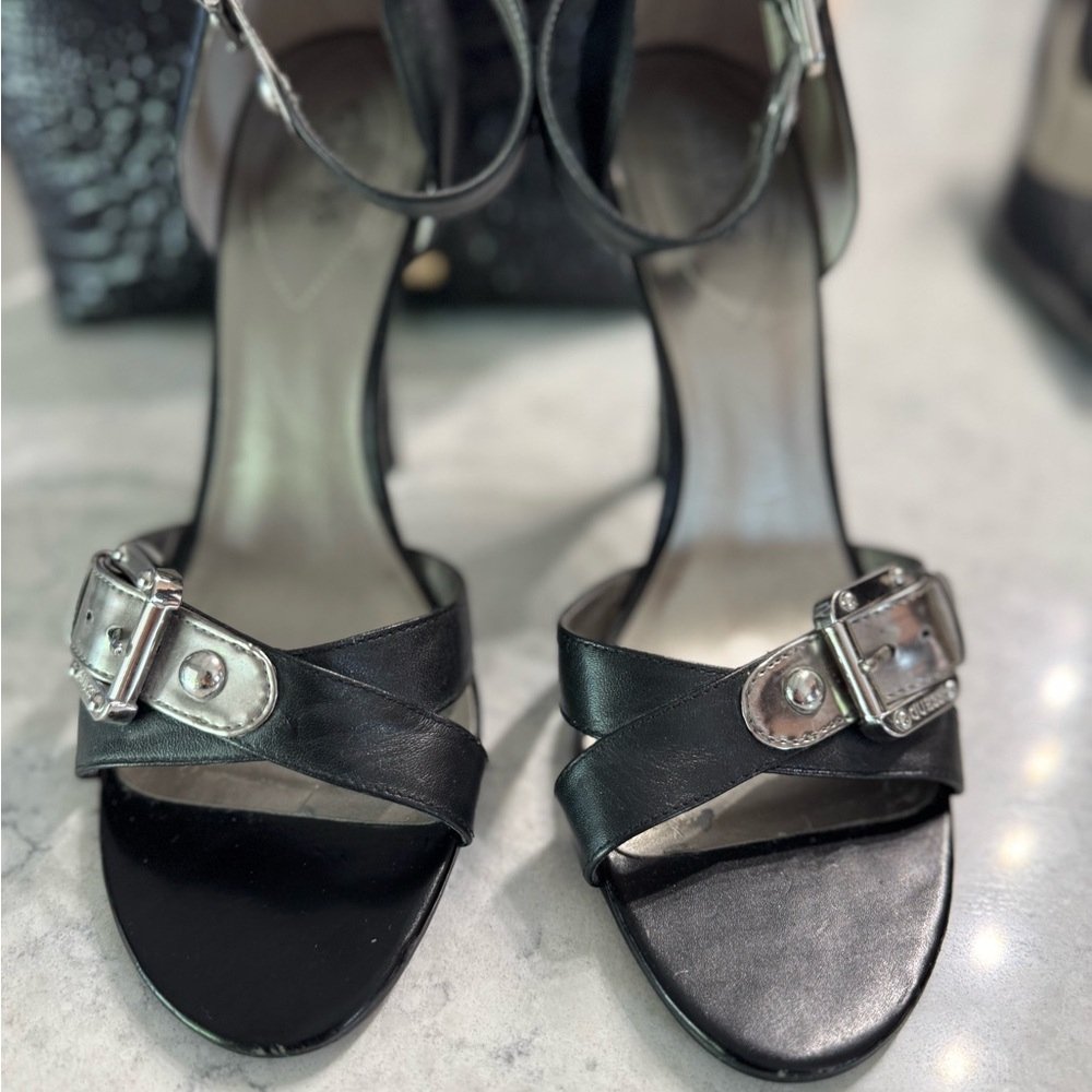 Guess Black Strappy Heels with Silver Buckles
